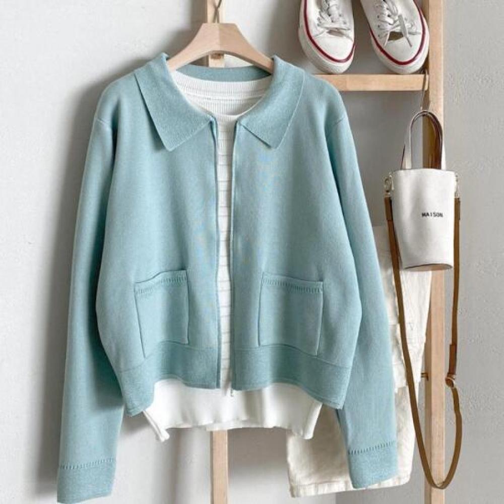 New Arrivals Open Run Zip Cardigan Pastel Cream Front Pocket Collar Neck Knit