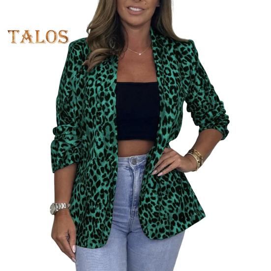 Chaqueta de traje de mujer con solapa, manga larga, un solo botón, estampado de leopardo en bloques de color, corte ajustado, ropa informal de negocios