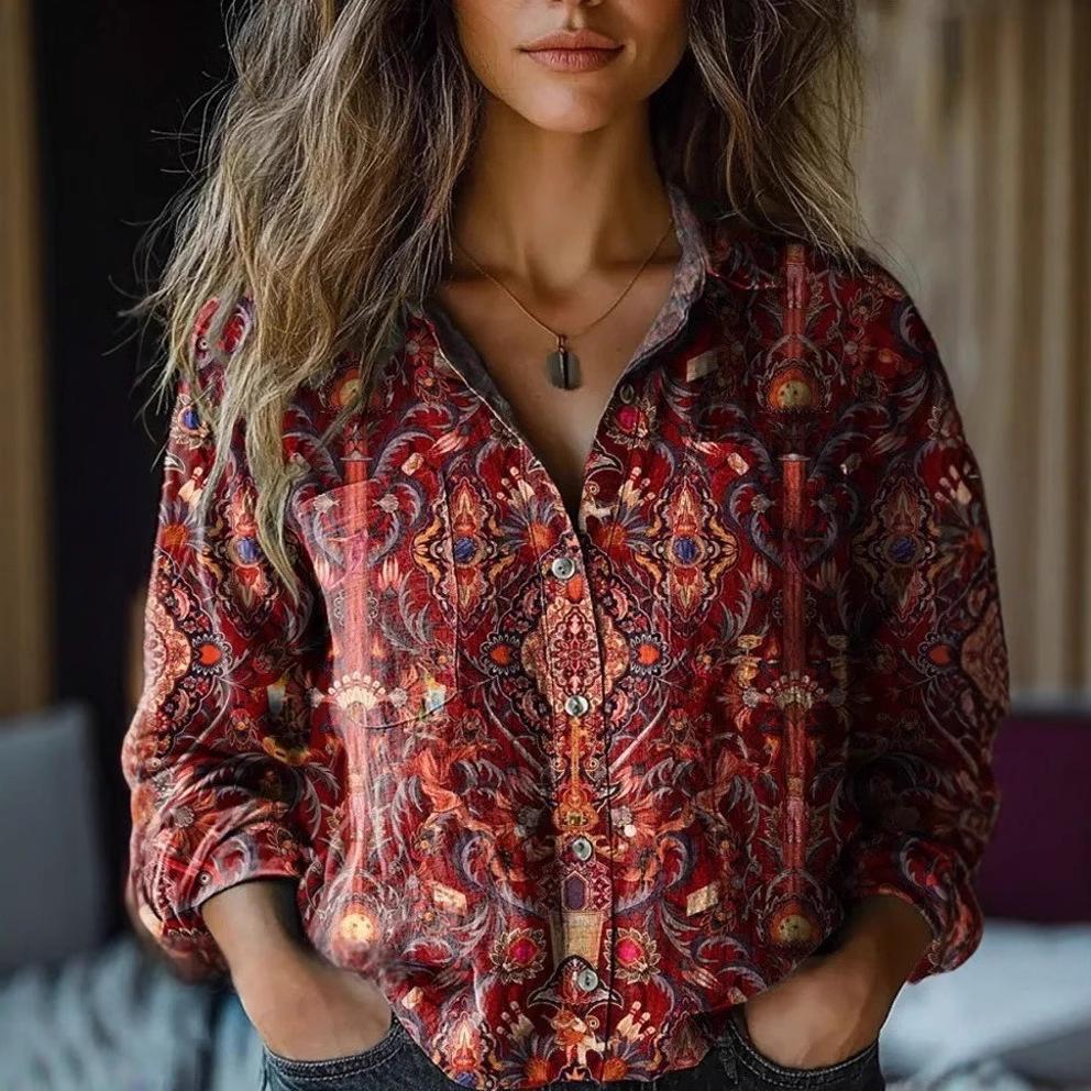 2025 Spring/Summer/Autumn Women's Versatile Printed Casual Lapel Shirt