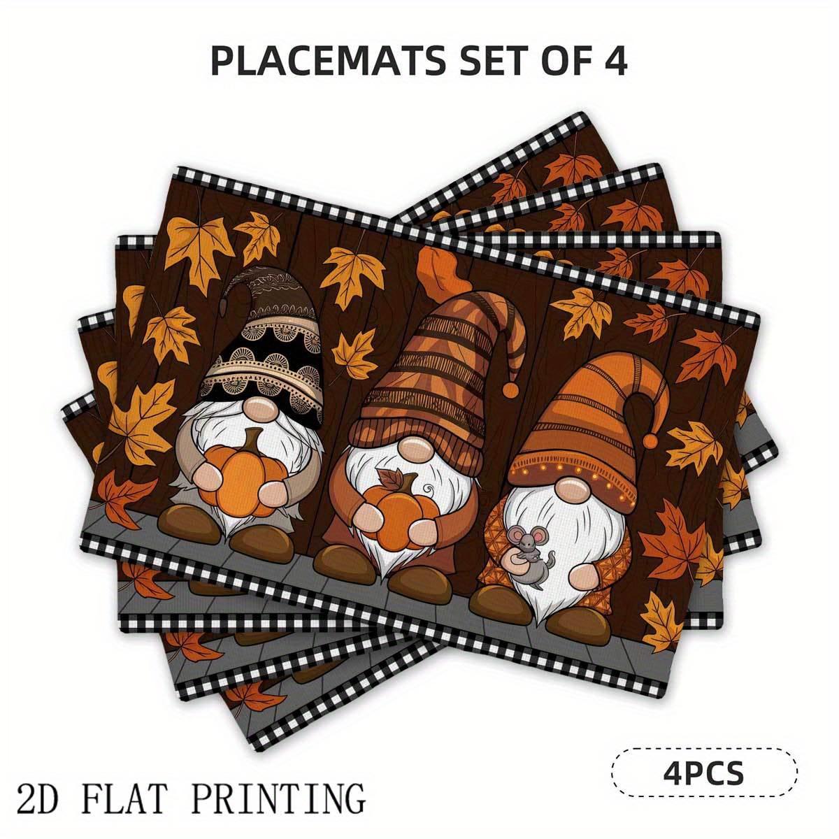 4pcs/6pcs, Autumn Gnome Fall Pattern Printed Placemats, Autumn Placemats with Gnome Maple Leaf Pattern, Linen Insulation Table 30x45cm-6PC