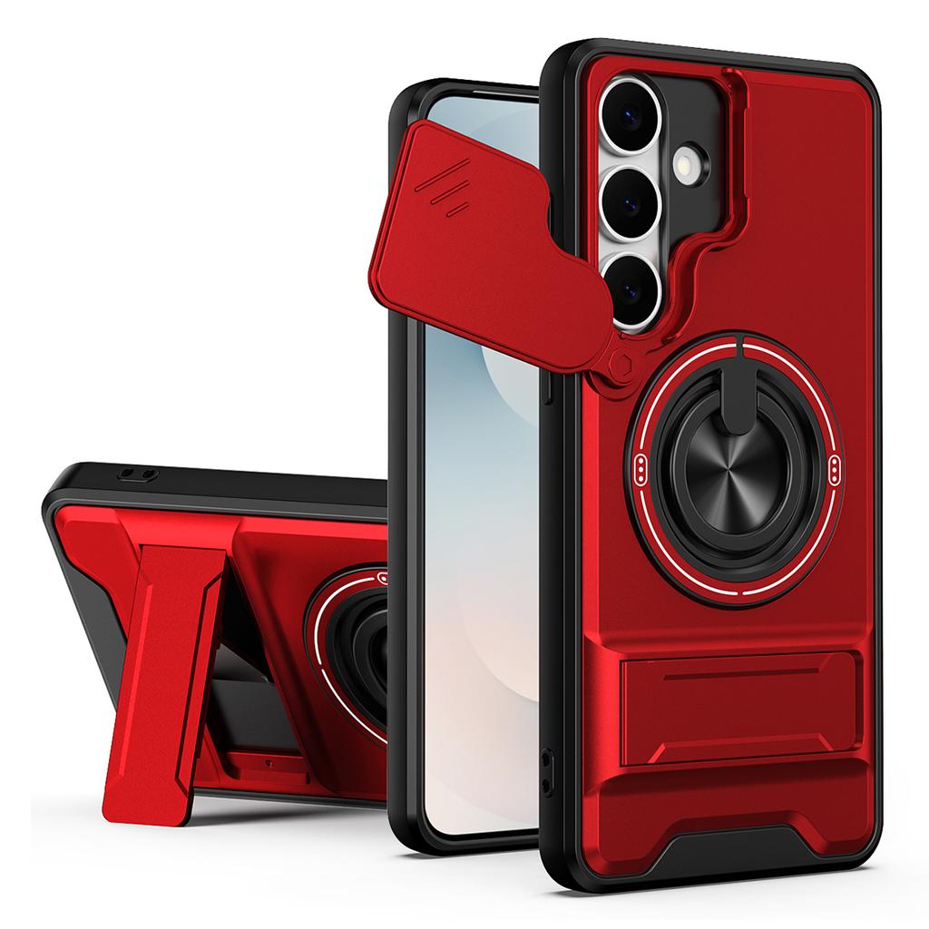 For Samsung Galaxy S25 FE Magnetic Case Ring Holder Foldable Kickstand TPU PC Phone Cover with Camera Lens Slider