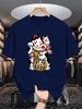 Unisex Crew Neck Tee Oriental Lucky Cat Fortune Graphic Print Soft Cotton Loose Short Sleeve Summer Casual Male Streetwear Tops