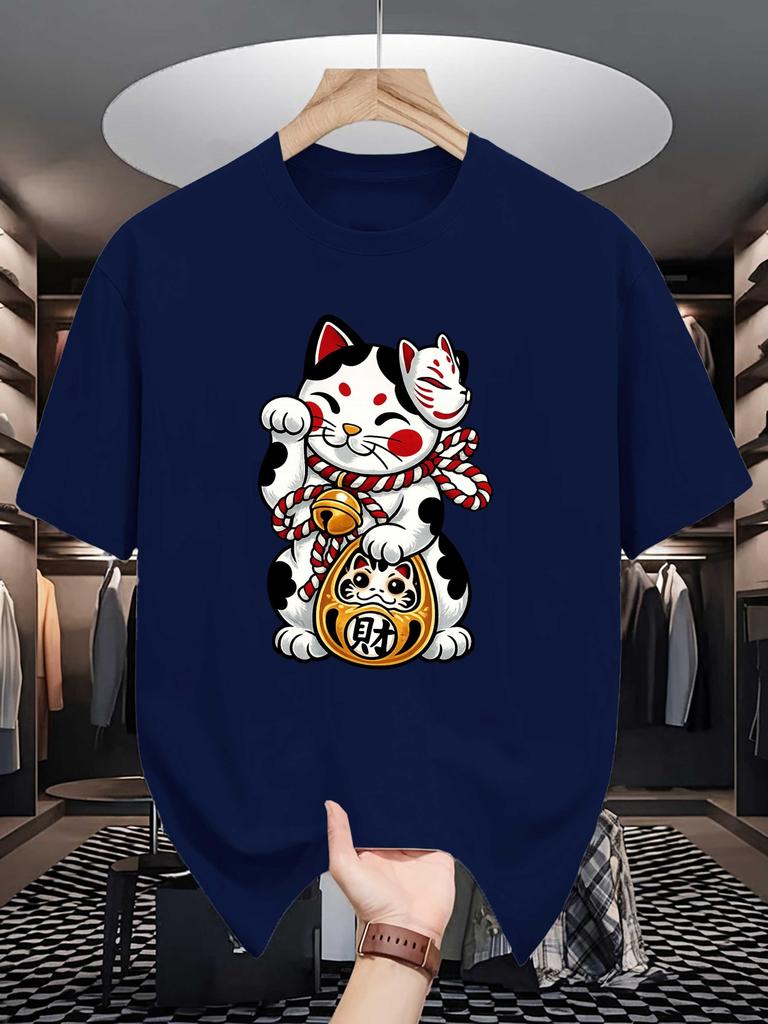 Unisex Crew Neck Tee Oriental Lucky Cat Fortune Graphic Print Soft Cotton Loose Short Sleeve Summer Casual Male Streetwear Tops