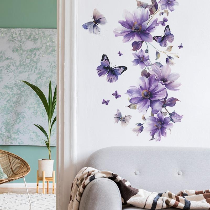 1PCS Purple Flowers Green Plants Butterfly Bedroom Living Room Wall Decoration Wall Stickers Wholesale PVC Material