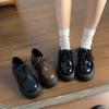 Round Toe Lace Up Black Small Leather Shoes for Women In Spring and Autumn 2024 New Thick Soled Height Increasing Single Shoes British Style Explosive