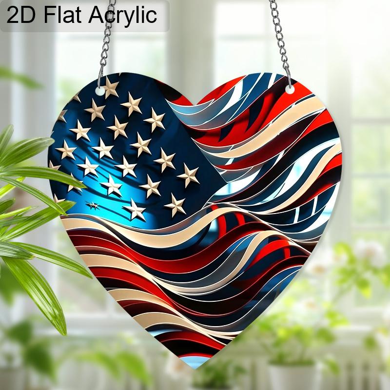 2D Flat Acrylic USA 250th Anniversary Suncatcher, 7.87in Heart American Flag Window Hanging Decor, Independence Day Memorial Day Gift