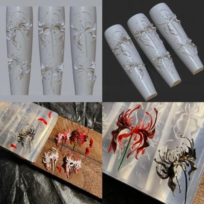 3D Lycoris Radiata Flower Silicone Nails Art Mold Transparent Manicure Carving Mold Diy Red Lily Floral Patterns Moulds