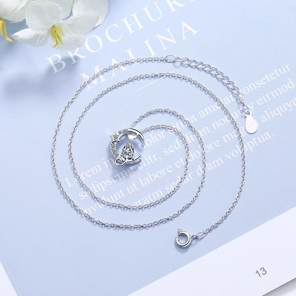 925 Sterling Silver Cute Moon Star Cat Charm Pendant Necklace Sparkling Cubic Zircon Clavicle Chain Jewelry For Women S -N521