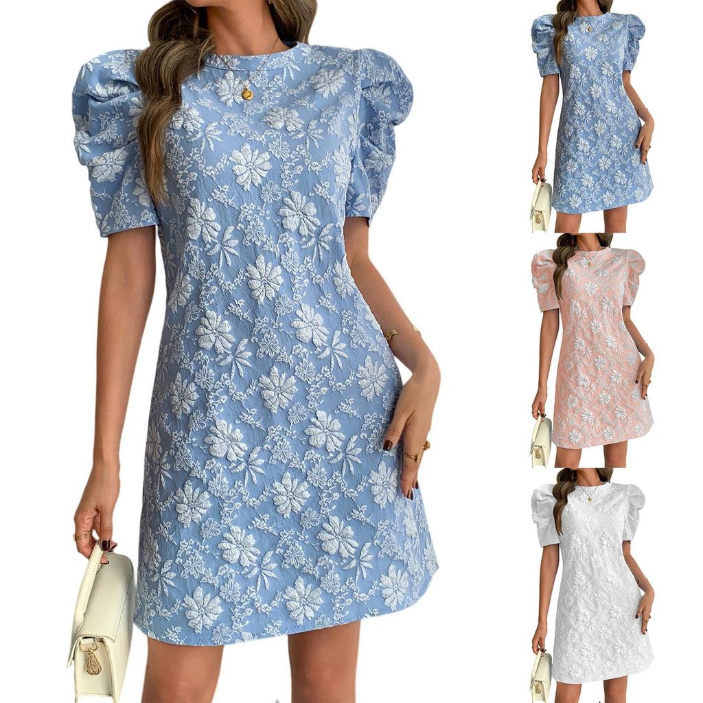 Women’s Fashion Short Sleeve Crew Neck Retro Casual Dress with Floral Embossed Pattern and Puff Shoulder Design for Daily Wear