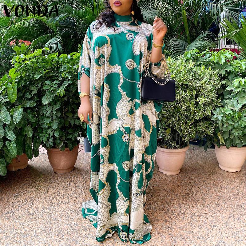 

VONDA Весна Женщины O Линия 3/4 Рукав Batwing Винтаж Печатный Свободный Длинное Платье