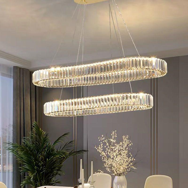 

Итальянская роскошная золотая овальная хрустальная люстра из нержавеющей стали для обеденного стола или бара LED Stepless Dimming + Remote Control