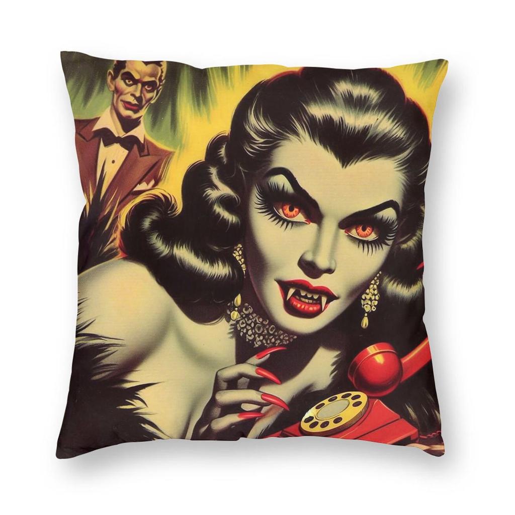 Vintage Horror Vampire Girl Pillowcase Polyester Linen Velvet Printed Zip Decorative Throw Pillow Case Home Cushion Cover