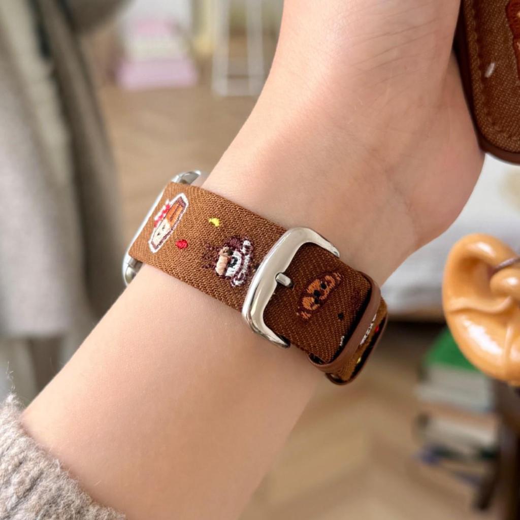 Cartoon Embroidered Denim Leather Watch Strap for Apple Watch Series 11/10/98 Ultra SE