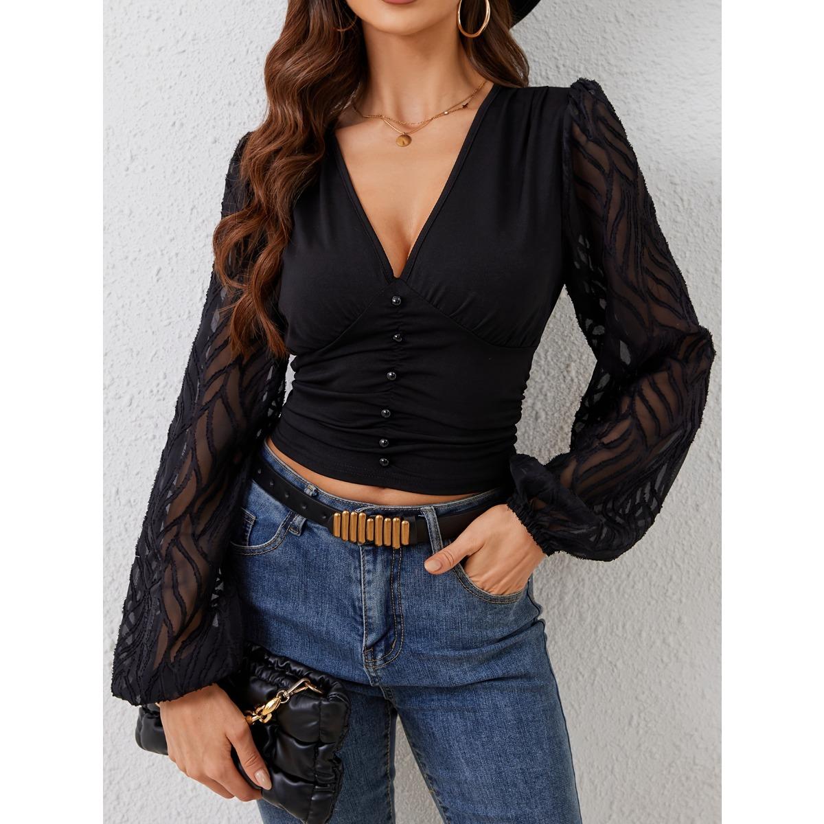 Women s V Neck Long Sleeve Mesh Lantern Sleeve Slim Fit Elegant Ruched Crop Top Tee S чёрный