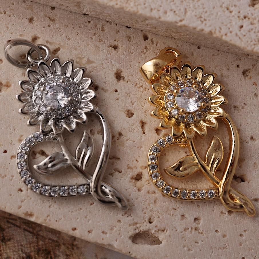 Two-Tone Sunflower Heart Pendant with Cubic Zirconia In Gold/White Gold On Sterling Silver Chain