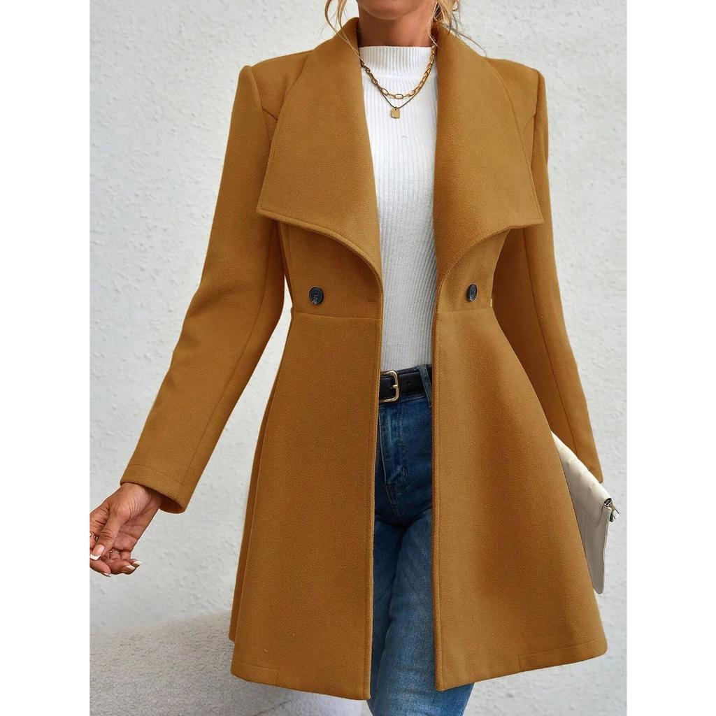 Autumn Winter Women's Notched Lapel Wool Coat, Double-Breasted Trench Style Overcoat with Solid Color Design, Elegant Outerwear for Office & Commute
