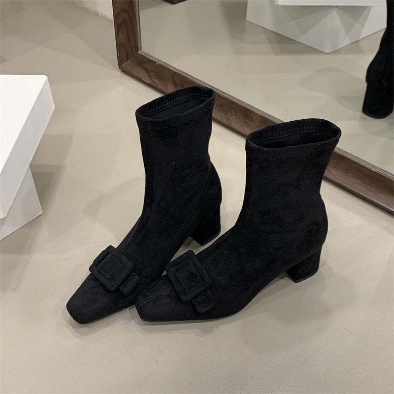 Herbst und Winter 2025 Retro Square Head Stiefeletten Herbst und Winter Neu Mattes Wildleder Schaftstiefel Damen Schnalle Dicke Ferse Dünne Stiefel