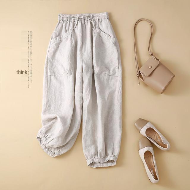 Women's Cotton Linen Harem Pants with Elastic Waist and Pockets