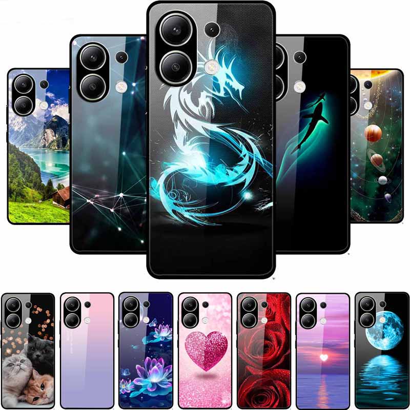 Glass Back Cover For Xiaomi Redmi Note 13 Case Note13 Pro Coque Hard Tempered Glass Case For Redmi Note 13 Pro Case Soft Bumper
