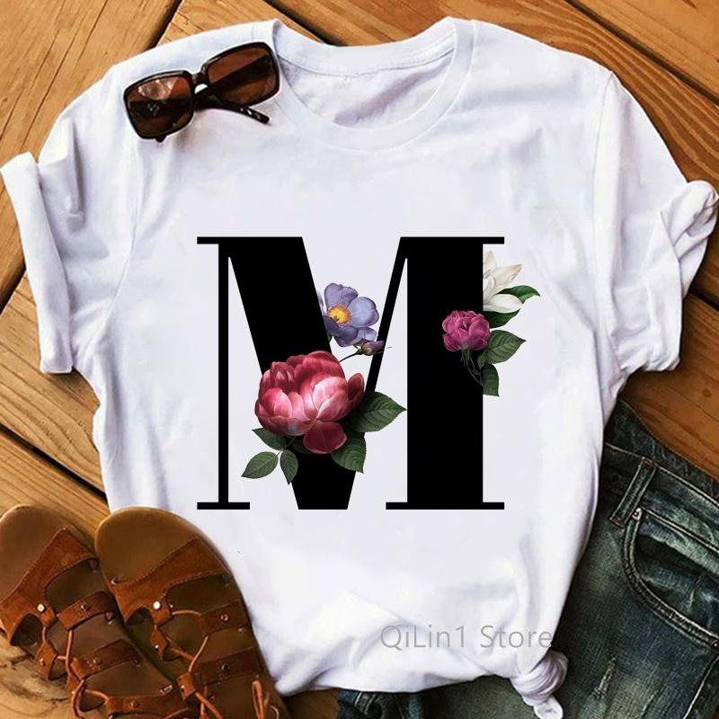 Floral Alphabet M Letter Print T-Shirt Women Summer Cute Top Female White Casual T Shirt Femme Graphic Tees Girls Tumblr Clothes