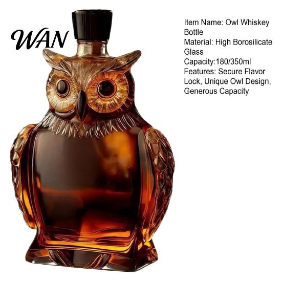 Karafka na whisky s motivem sovy Skleněná láhev, 180/350 ml Dekorativní zvířecí karafka, Kreativní nádoba na skladování likéru, brandy s reliéfem pro domácnost