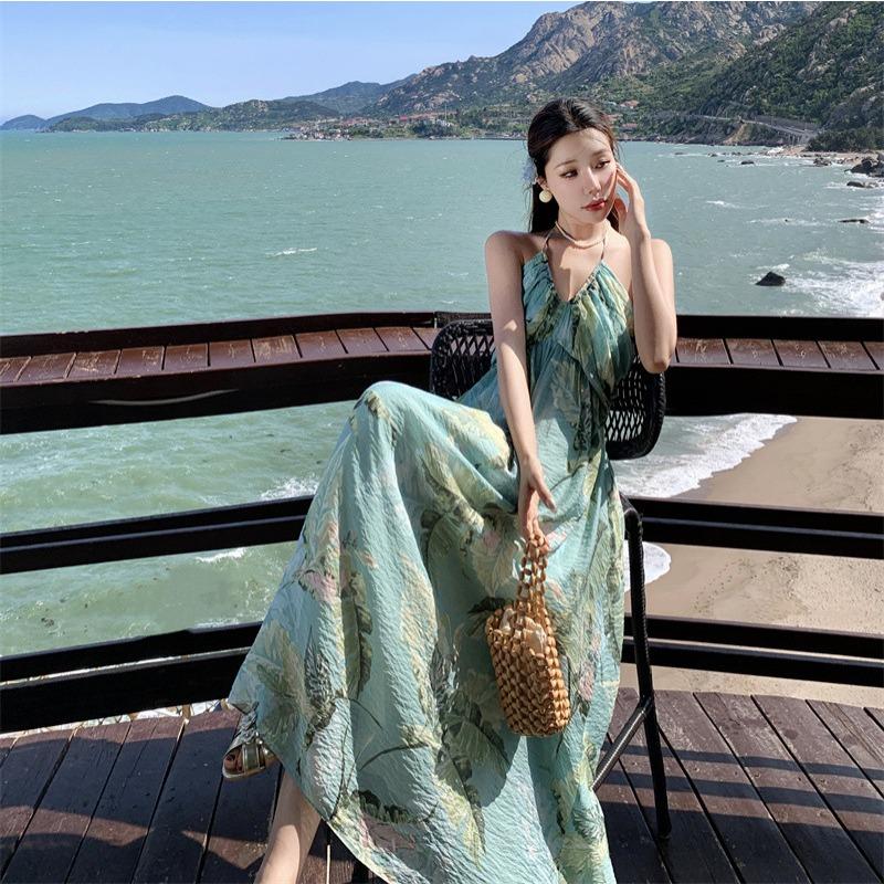 Mint Green Seaside Vacation Floral Suspender Dress Travel Photo Beach Dress Dopamine Island Wear