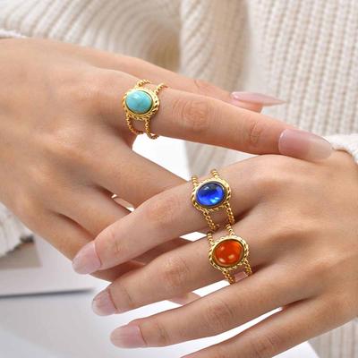 Luxurious Imitation Natural Stone Ring for Women Stainless Steel Twist Texture Opening Rings Retro Finger Jewelry Gift