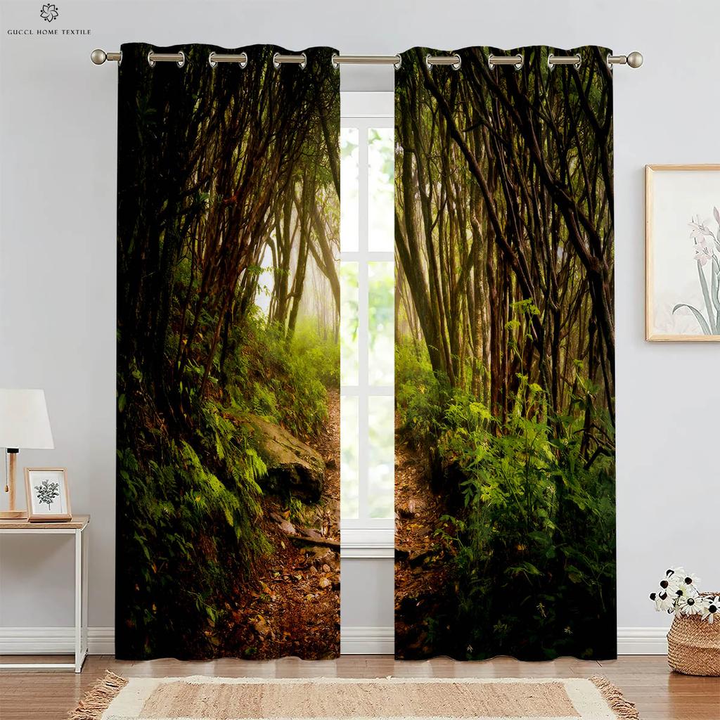Misty Forest Green Autumn Woods 3D Printed Curtains, Suitable for Bedroom, Living Room, Study, Kitchen, 2 Pieces