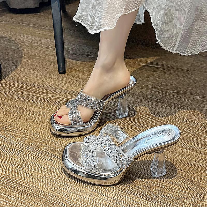 35-42 Large Size High-heeled Slippers Crystal and Waterproof Table 2025 Summer New Sexy One-character Drag