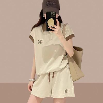 2025 Summer Casual Women Sports Set Letter Print Suit Korean Simple Loose Short Sleeve O-neck Tops & Shorts Pant Two Piece Set