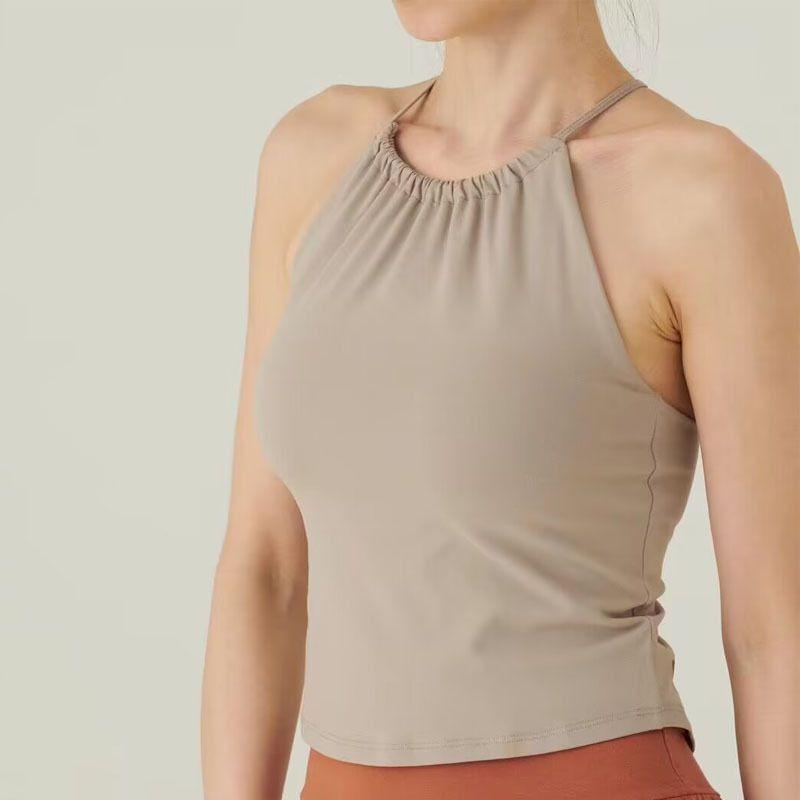 

Women s Yoga Vest with Chest Pad Export New Arrival Running Split Elastic Quick-Drying Sports Gym Training Sling Tops Rice apricot M