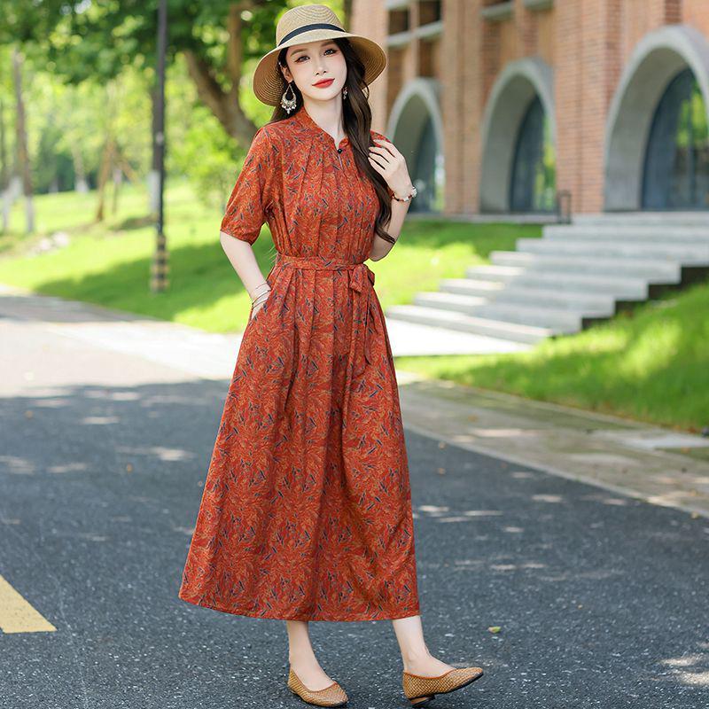 Kwiatowa Sukienka Midi Plus Size z Bawełny i Jedwabiu na Lato - Elegancki Chiński Styl