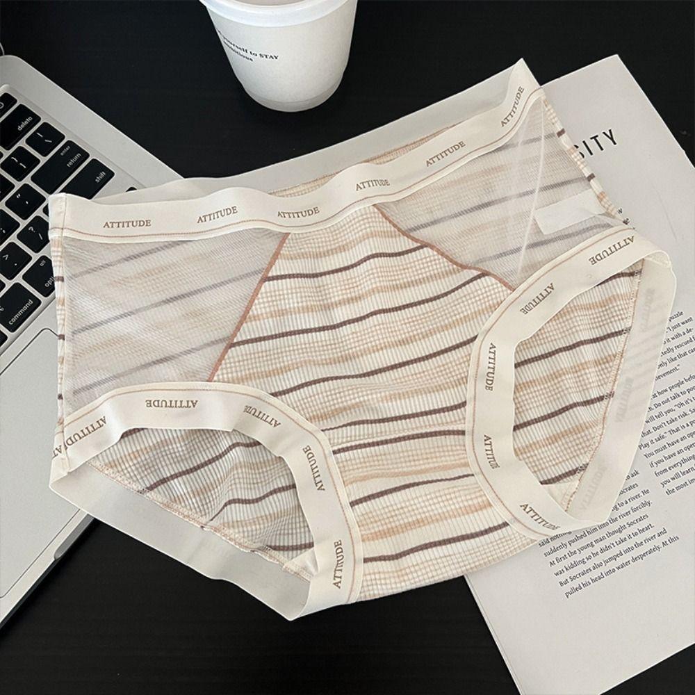 3Pcs Mid Waist Stripe Letter Briefs Ultra-thin Underwear for Women Mesh Seamless Panties  Gifts