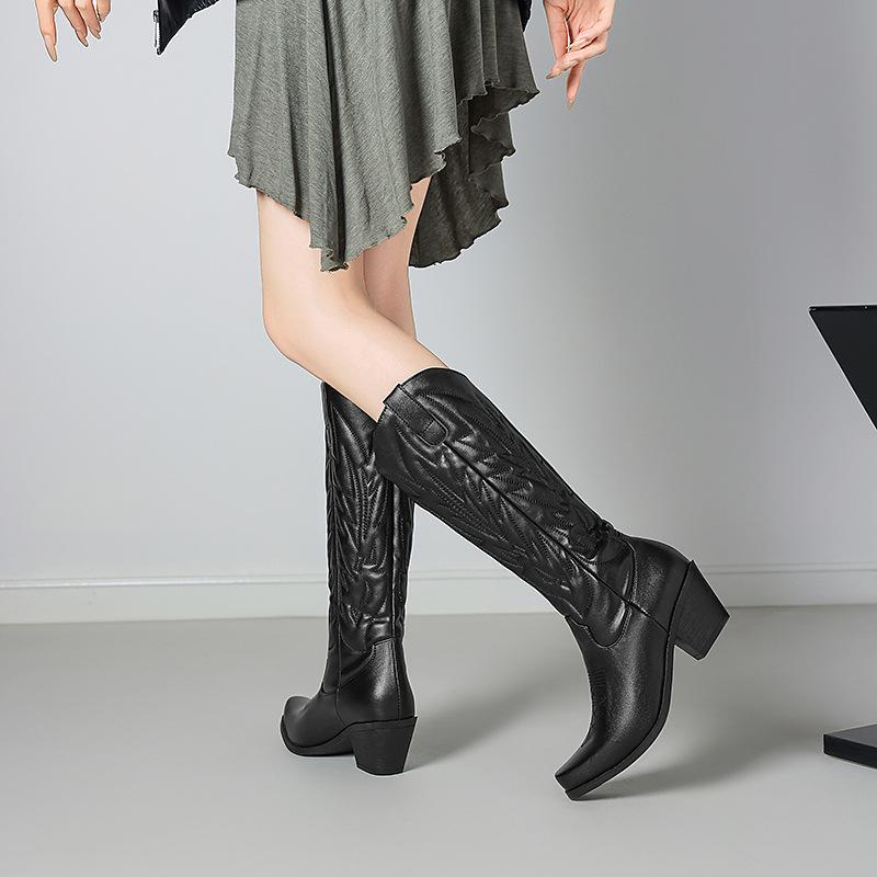 Fashion IPPEUM Western Cowboy Boots Knee High For Women Block Heel Plus Size 34-43 PU Black Leather Cowgirl Shoes