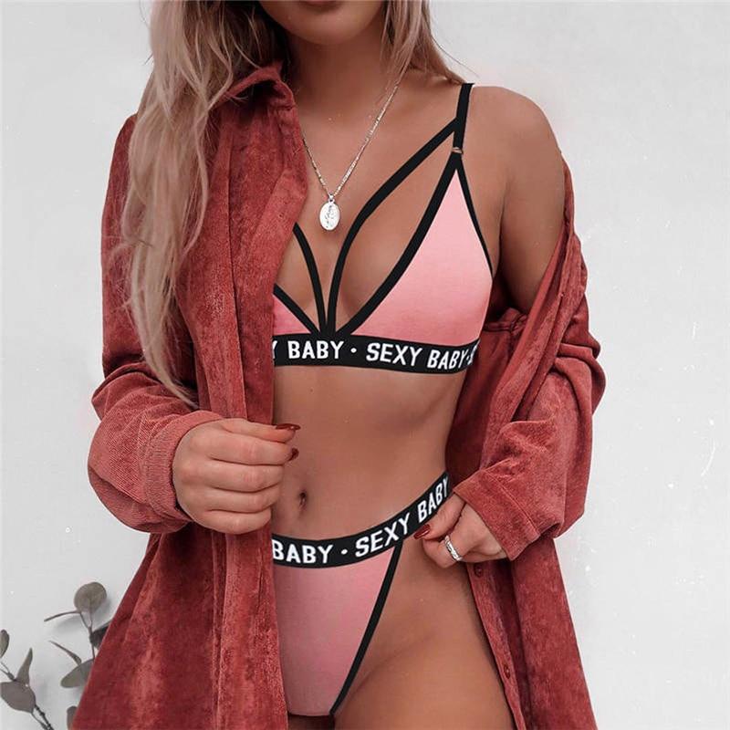 Two Piece Set Bra and Panty Set Women's Sets Sexy Half Cup Bra Summer Slim Stripe Top Lingerie Letter Pant Suits