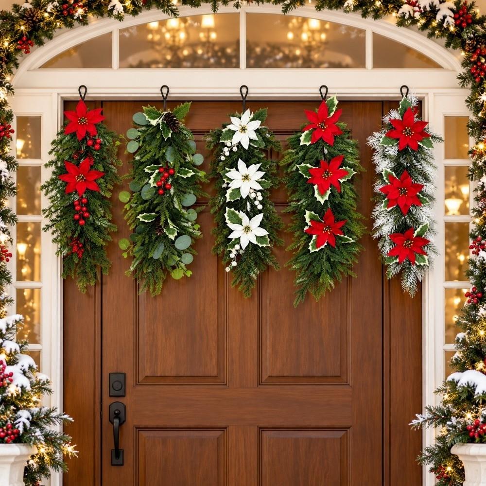 Red Berries Christmas Door Swag Poinsettia Blossoms Teardrop Shape Holiday Hanging Ornaments Durable Quality Vibrant Colors