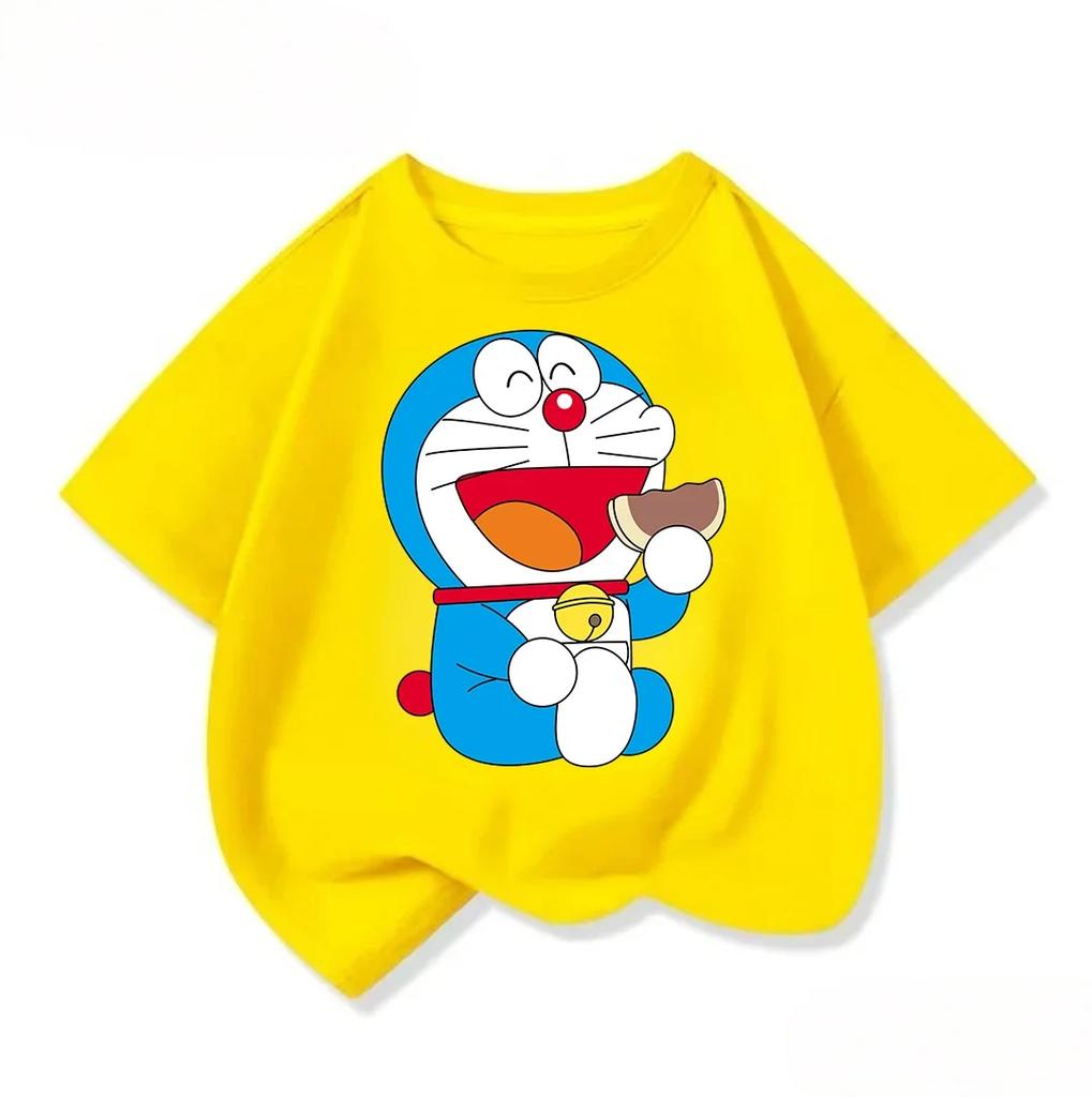 Cute Boys Girls Short Sleeve T Shirt Doraemon Cartoon Pattern Crew Neck Comfort Summer Casual Daily Wear 3 To 14Y