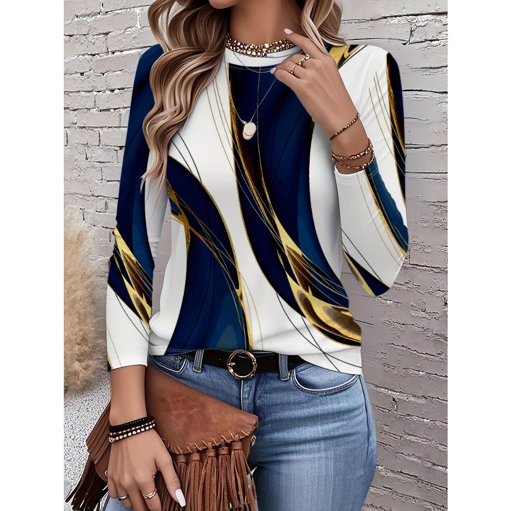 Women's Long-sleeved T-shirt for Autumn, Marble Print, Casual Street Style, Round Neck Pullover, Loose Fit, Outdoor T-shirt.
