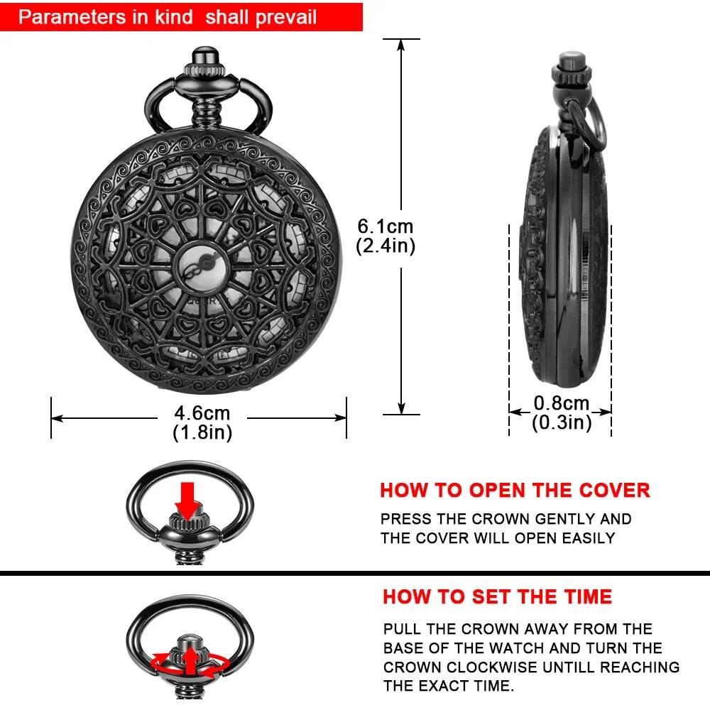 10pcs/lot Wholesale Black Exquisite Heart Shaped Filigree Pocket Watch Women's Jewelry Accessories Clock Men's Pendant Best Gift