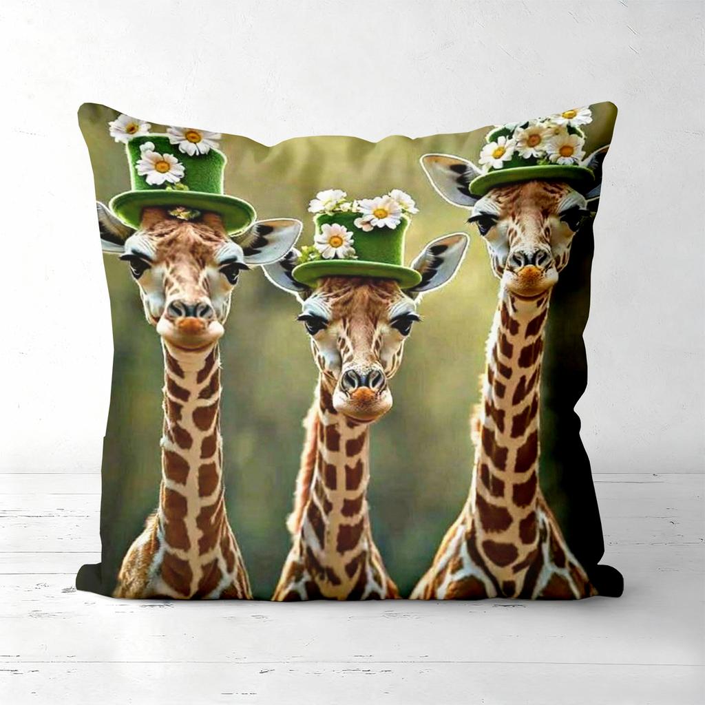 Giraffe Couple And Giraffes With Flower Hats Cushion Covers Polyester pillowcase, sofa decorative cushion cov Headboard Pillow