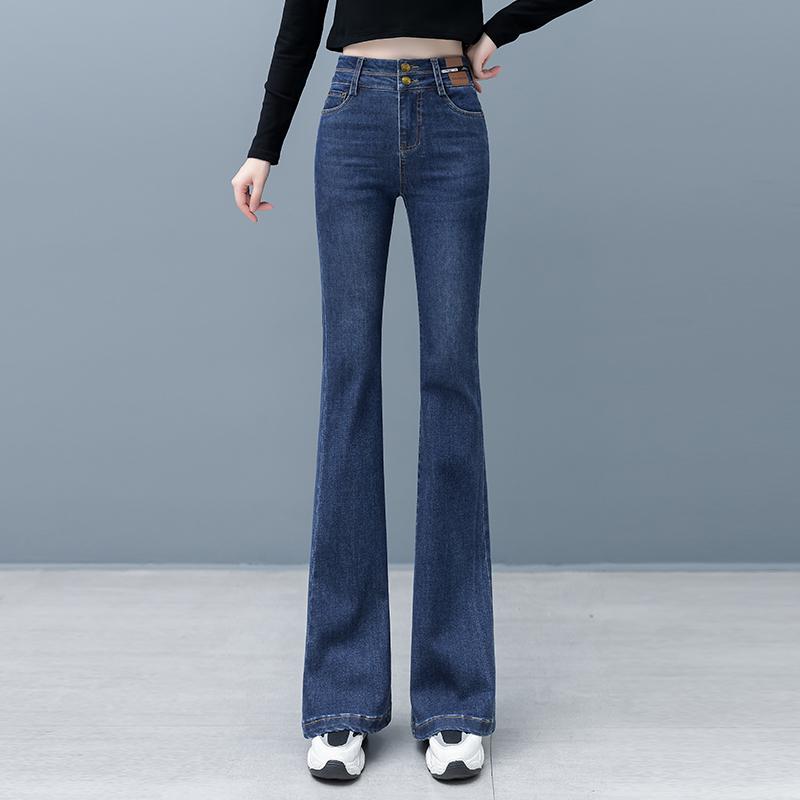 

Джинсы клеш с высокой посадкой в европейском стиле 2025: Женские облегающие брюки петит, с флисовой подкладкой, длиной до пола для весны и осени 31/3XL