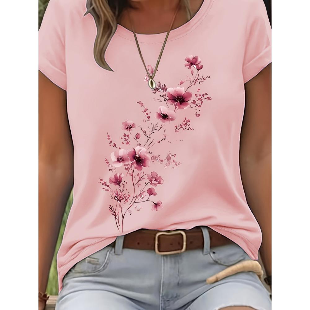 Elegant Floral Branch Print Casual Women's T-Shirt Crew Neck Short Sleeve Tee for Women Summer Holiday Daily Fashion Streetwear