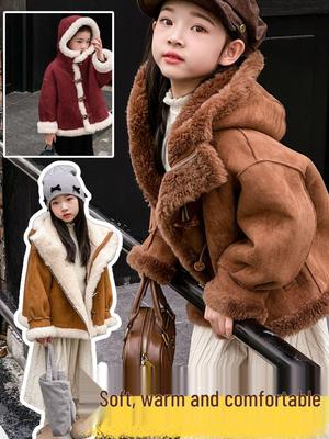 Kids' Korean Style Faux Fur Hooded Lambswool Coat - Boys & Girls Winter Warm Duffle Button One-Piece
