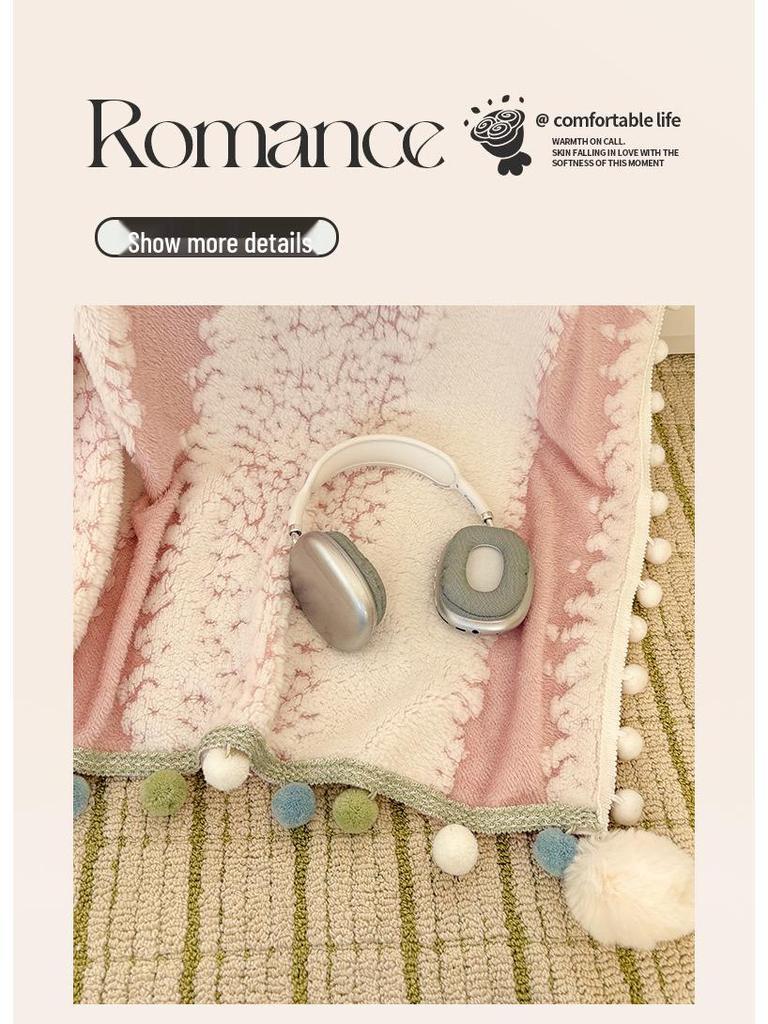 250G Two-Color Cationic Jacquard Throw Blanket with Small Handmade Pom-Poms