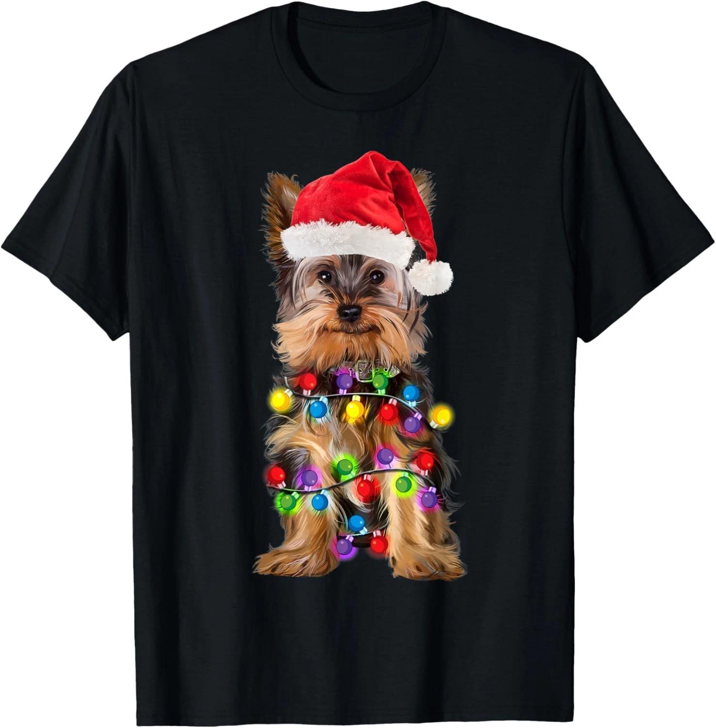 Yorkshire Christmas Yorkie Dog Santa Hat Christmas Lights T-Shirt 4XL