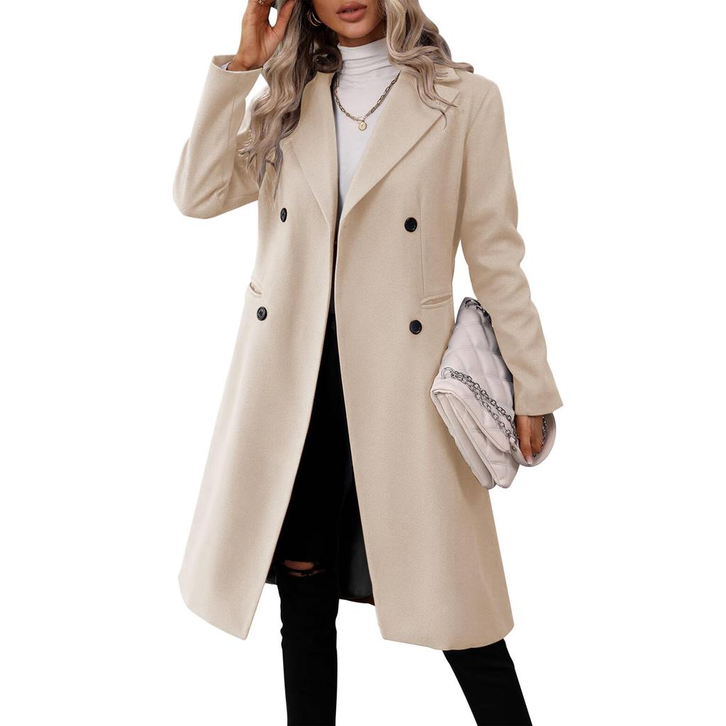 Women's Casual And Stylish Long Solid Color Wool Coat With Double-breasted Lapel