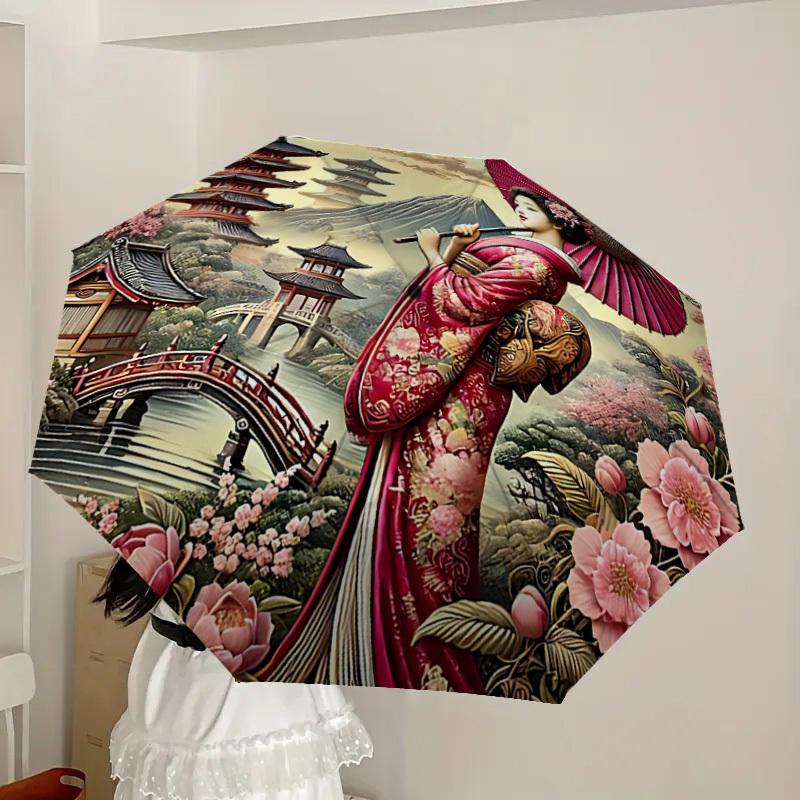 1 ks Deštník Geisha s květy, automaticky skládací - Kompaktní design s 8 žebry, odolný plast a železo, lehký pro venkovní každodenní použití, slavnostní dárek062