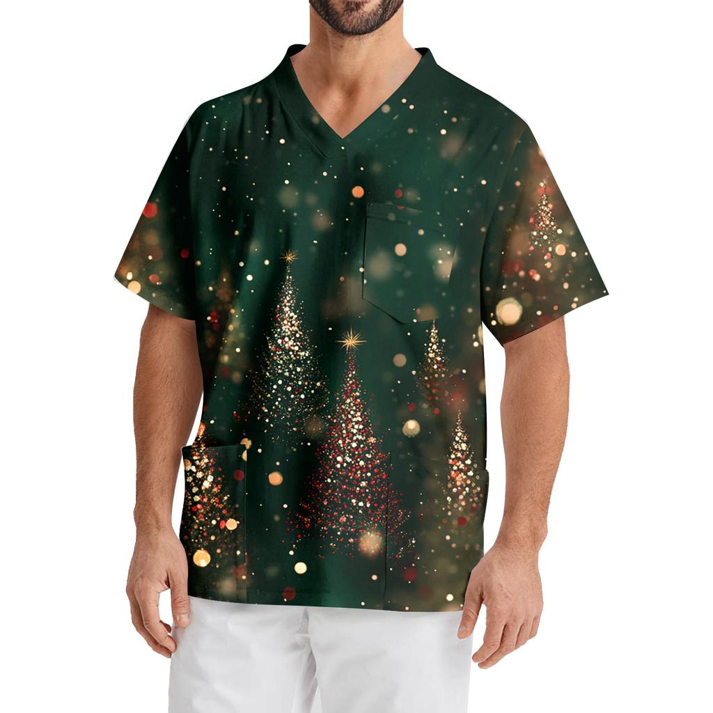 Men's Printing Short Sleeve V-neck Working Blouse Chest Pocket Carer Top