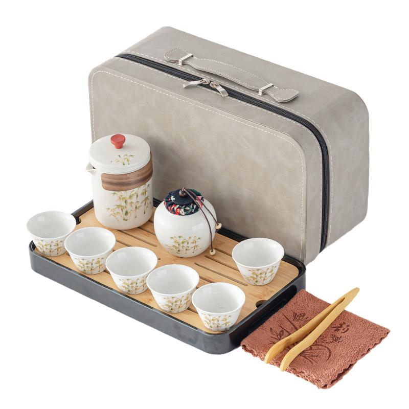White porcelain tea set, gold silk bamboo rhyme car ancient rhyme tea set can be customized gift set, express cup camping set