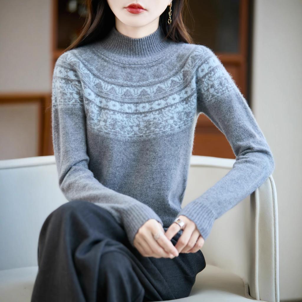 Wool Jacquard Women's Semi-high-necked Exquisite Patterned Knitted Sweater, Suitable for Autumn and Winter Top